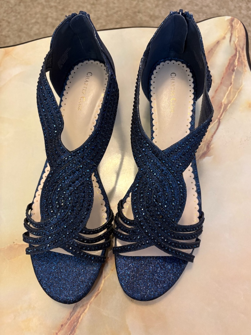 Charter Club Blue Ginifur Wedge Sandals-  Strappy, Back Zip-SPARKLE Sz 11- NEW! - Picture 2 of 10